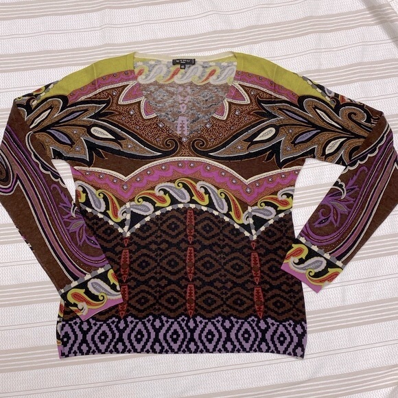 ETRO Women’s Mixed Print Silk Cashmere Knit V-Neck Lightweight Sweater Italy 46 - Picture 1 of 5